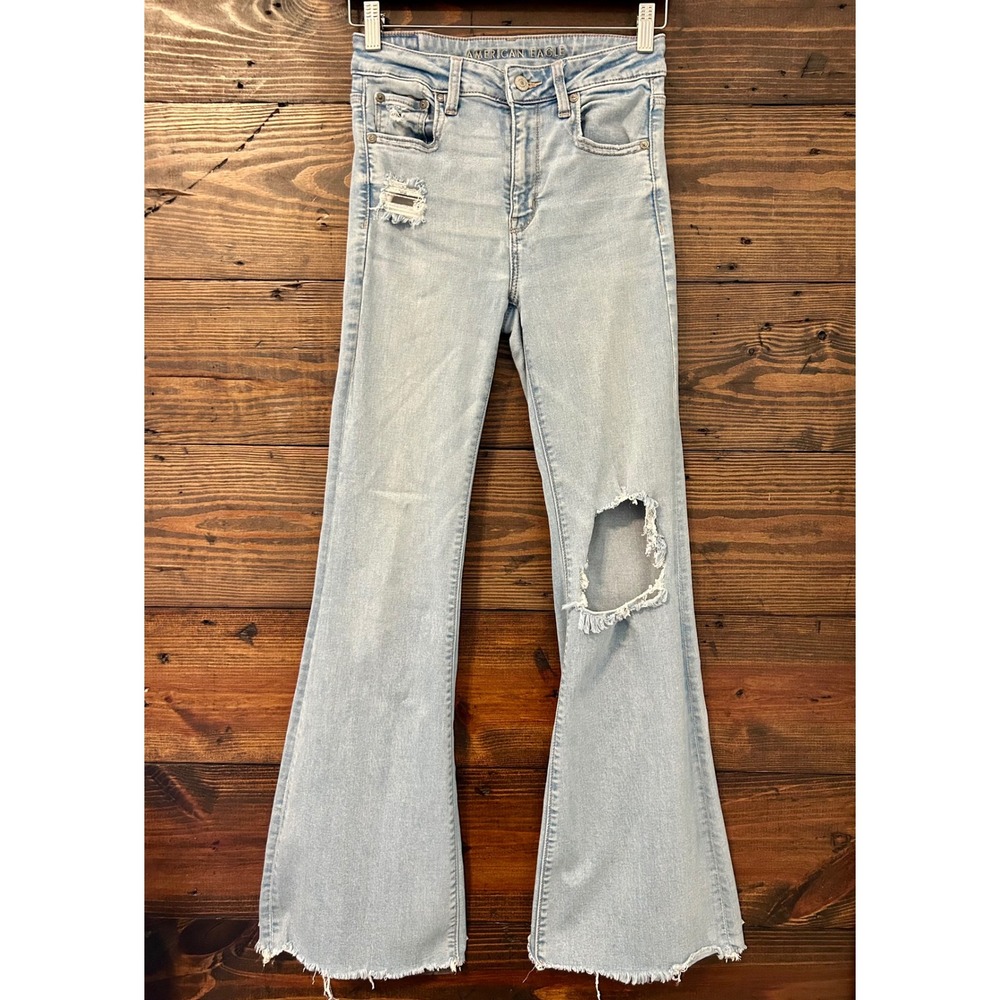 American Eagle Flare Jeans Womens 4 Light Wash Distressed High Rise Boho 70s Y2K